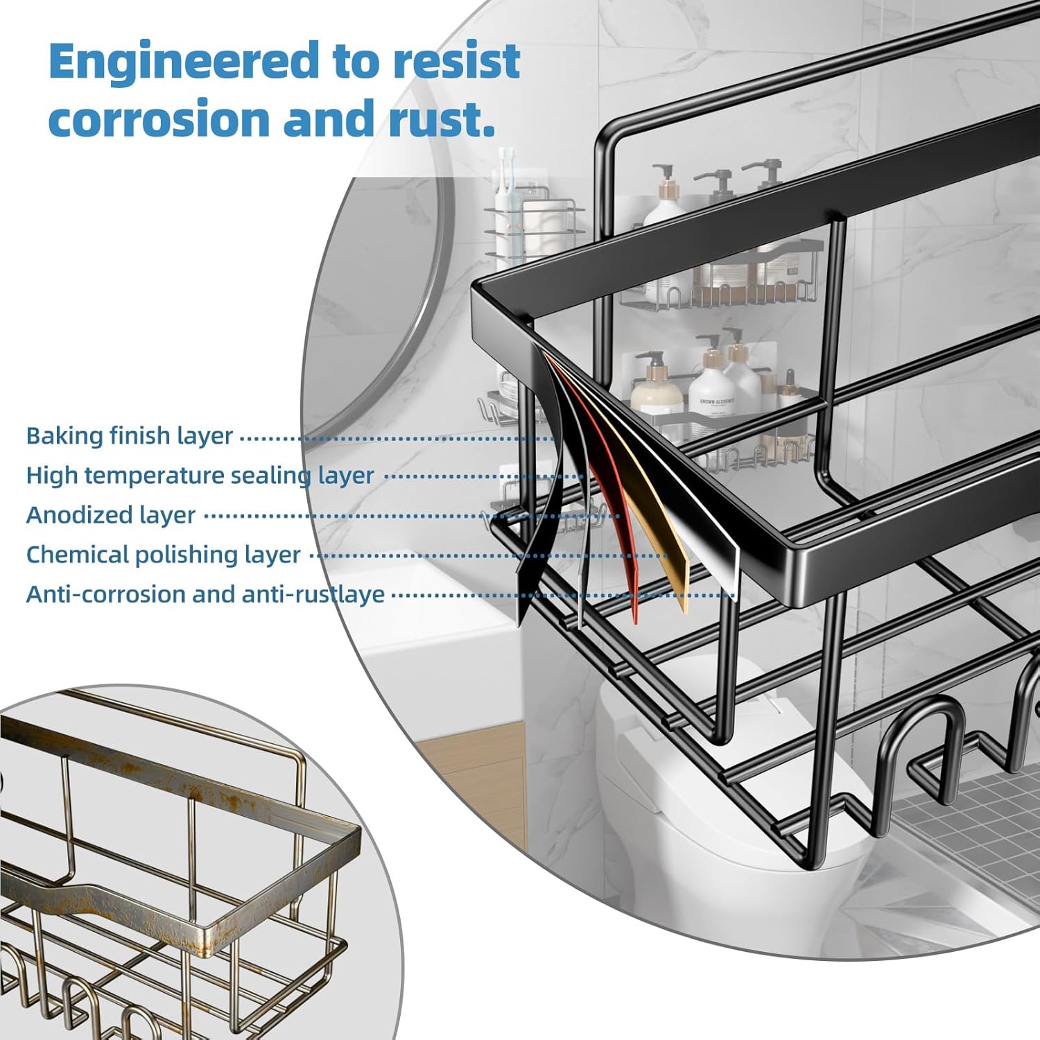 Adhesive Shower Caddy, Rustproof Stainless Steel Bathroom Organizer, Black, 5 Piece Set with 2 Shower Caddies, 2 Soap Holders, 1 Toothbrush Holder