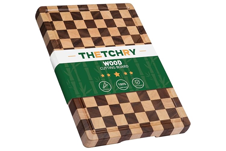 THETCHRY Cutting Boards for Kitchen, Checkered Cutting Board Upgraded, Acacia Wood Chopping Board with Juice Grooves & Handles, Large Butcher Block Serving Tray with Gift Box, 16.5" x 11.6" x 0.8"
