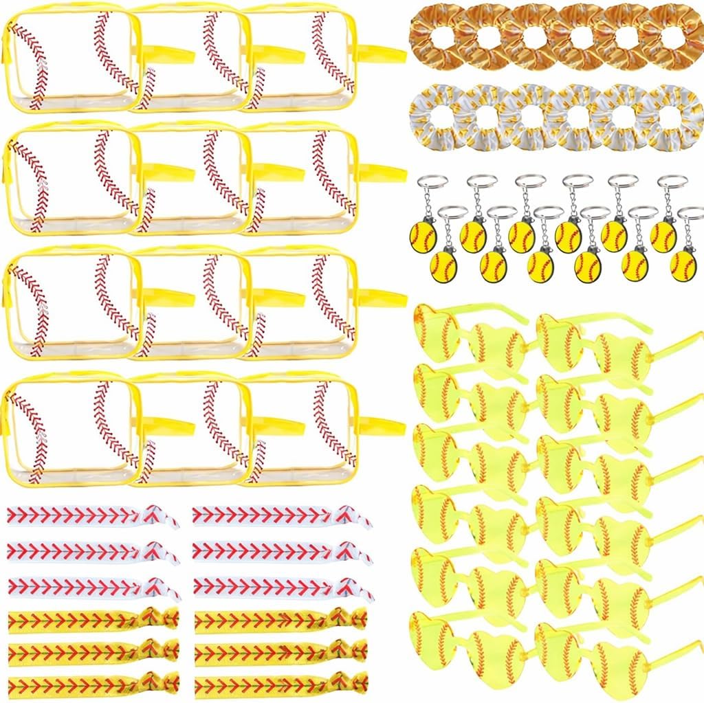Yebo 60 Pcs Basketball Team Gifts Bulk, Girls Basketball Accessories Set with 12 Clear Makeup Bags, Scrunchies, Keychains, Wristbands and Fun Glasses, Party Favors for Camp and Birthday