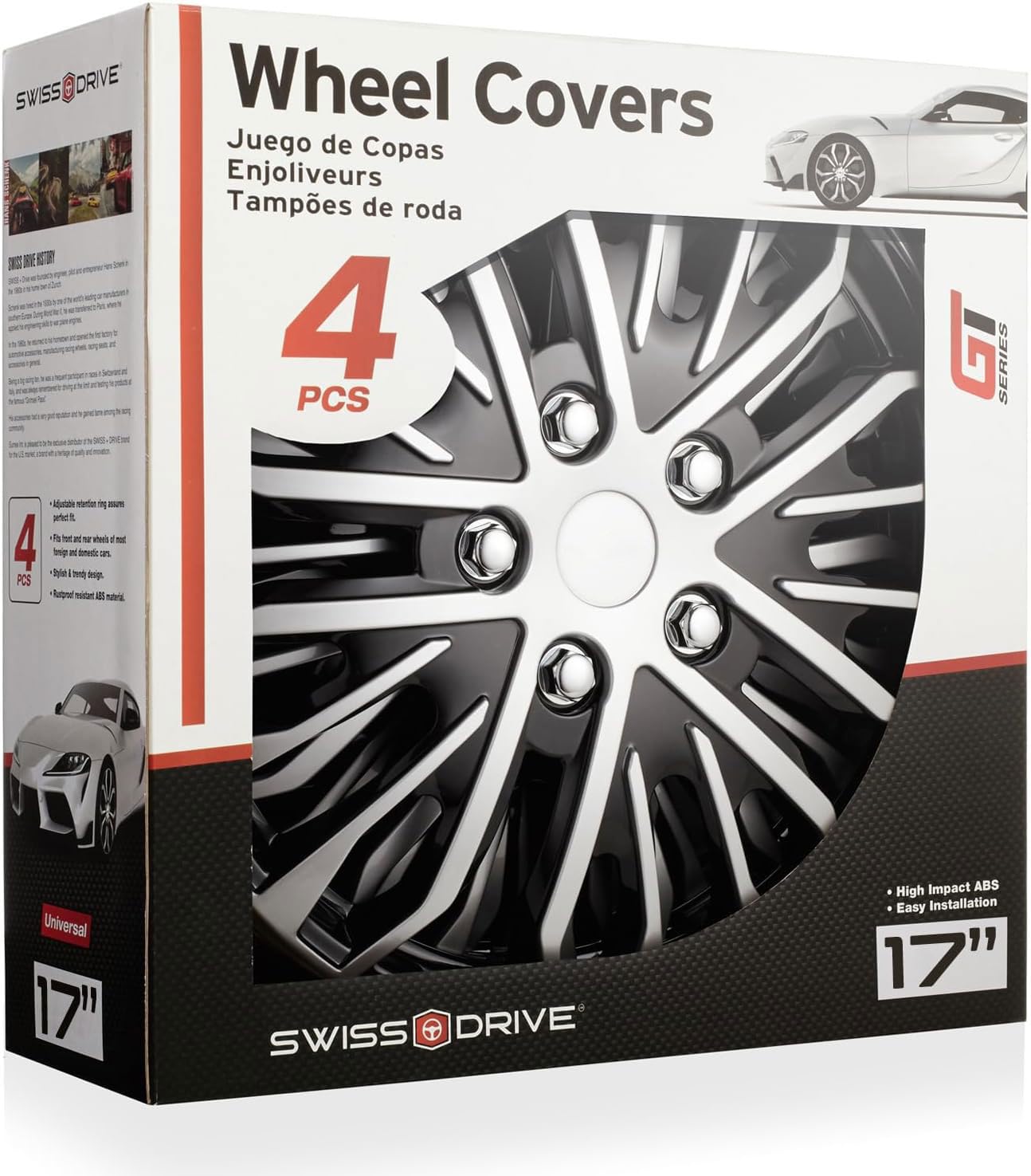 Swiss Drive Hubcap Set 4 pcs Wheel Cover Rim Replacement for Toyota - Austin Rim Cover Silver Car Wheel Hub Cap Hubcaps Easy to Install Truck SUV Car (17 Inch, Silver Black)