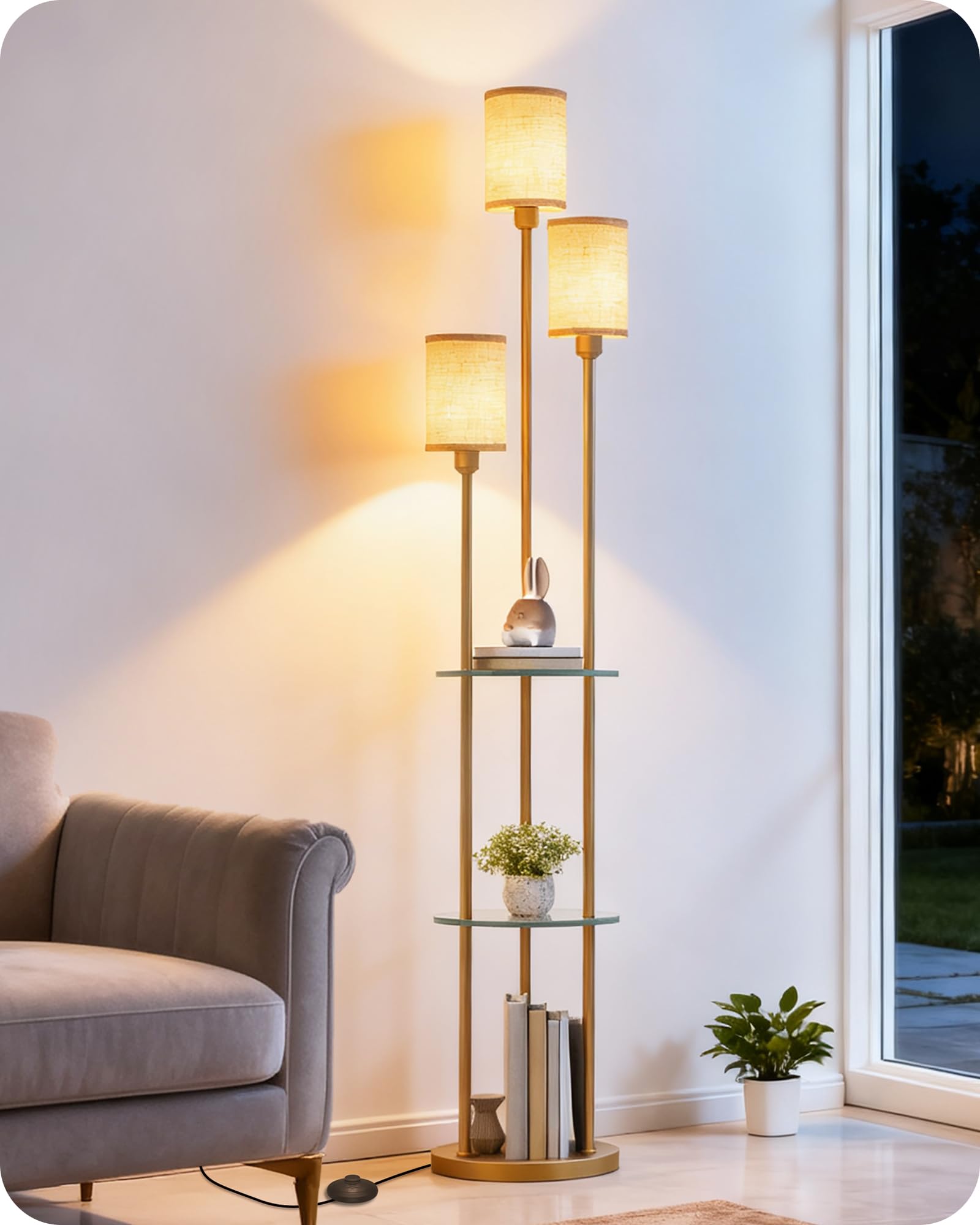 GOEBLESON Floor Lamp with Shelves, Modern Floor Lamp with 3 Linen Shades and Foot Switch, 3-Light Standing Lamp, for Living Room, Bedroom, Study, Office, Gold and Beige ZED53LDK05