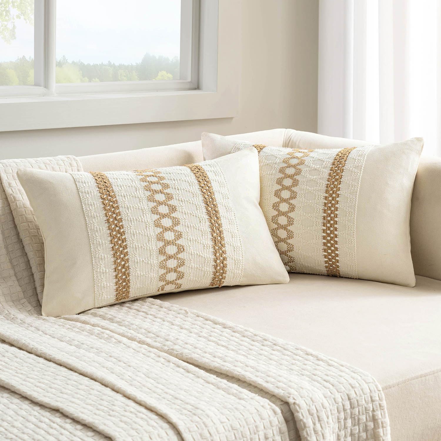 MIULEE Set of 2 Neutral Boho Decorative Lumbar Pillow Covers 12x20 Inch
