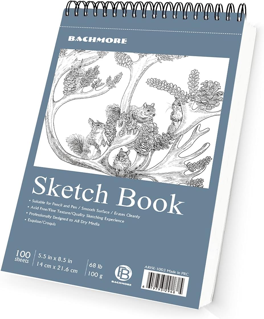 Bachmore Sketchpad 5.5X8.5 Inch (68lb/100g), 100 Sheets of Spiral Bound Sketch Book for Artist Pro & Amateurs | Marker Art, Colored Pencil, Charcoal for Sketching (1 Pack)