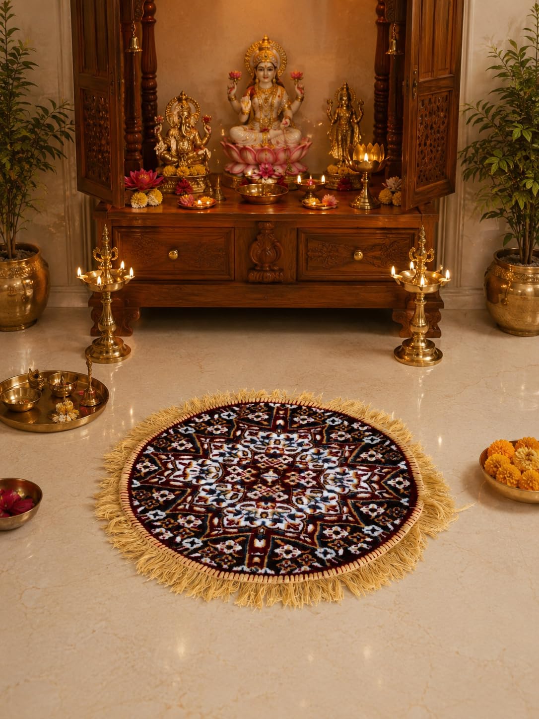 Round Mandala Floor Mat with Fringe | Decorative Rug for Living Room, Bedroom & Pooja Room | Anti-Slip Small Carpet for Home Decor, Meditation & Center Table | Multicolor-picture-34