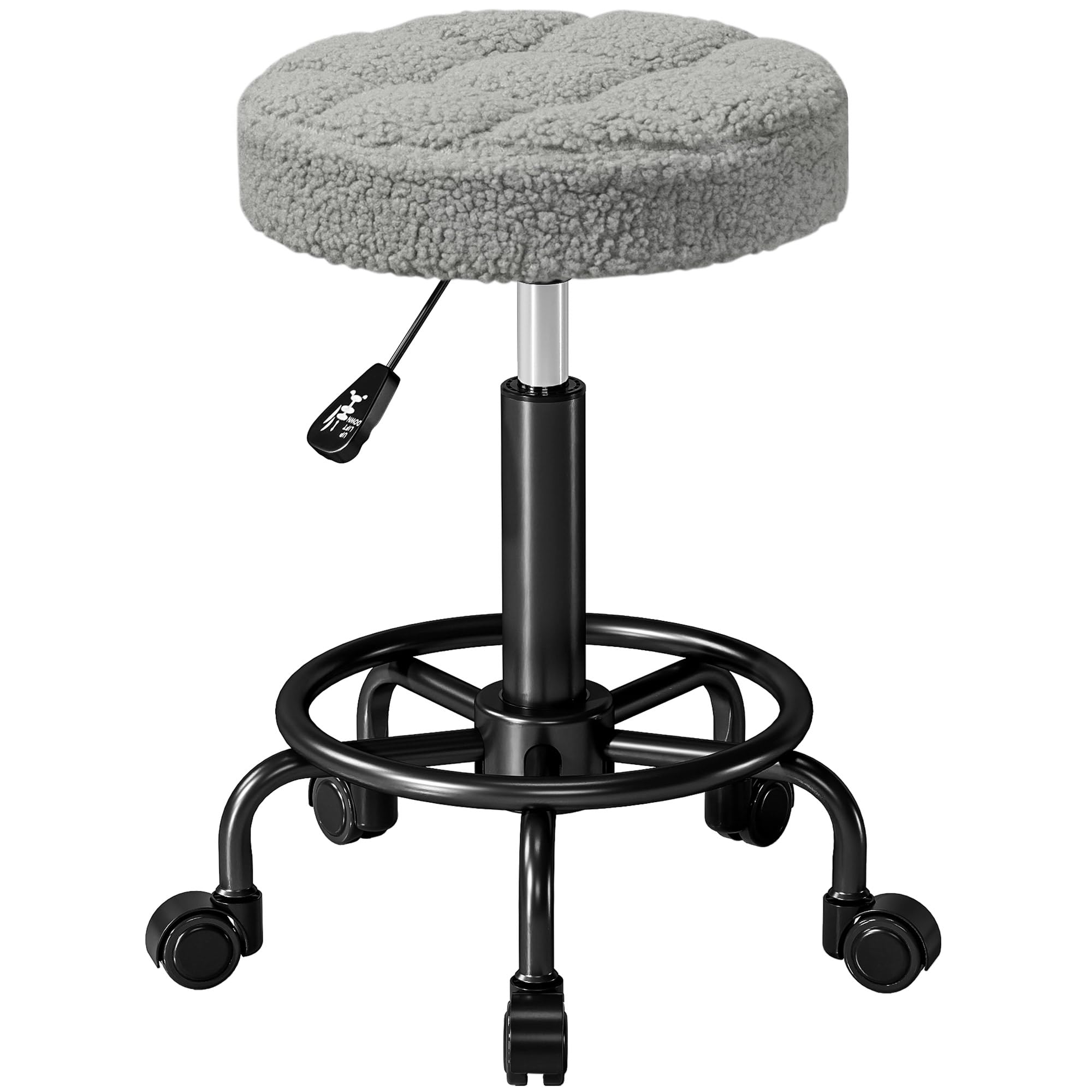 HOMCOM Sgabello rotondo girevole con ruote Altezza regolabile 50-66 cm Seduta imbottita in tessuto di pile per saloni officine Spa Massaggi Grigio