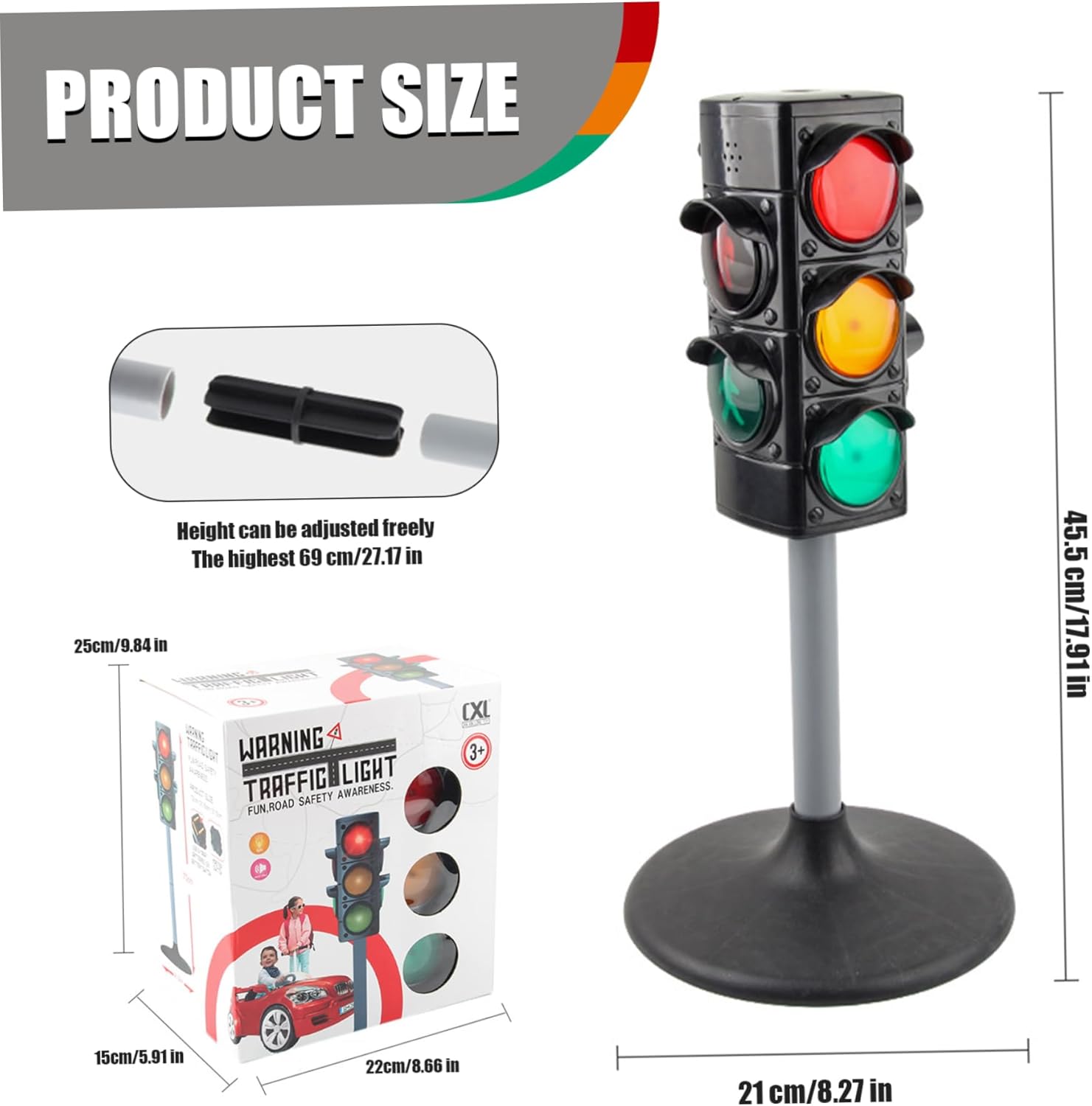 Traffic Light Toy 27 Inch Stop Light Manual/Auto Modes Traffic Lamp with ＆ Sound Height Adjustable Realistic Educational Toys Birthday for Kids.