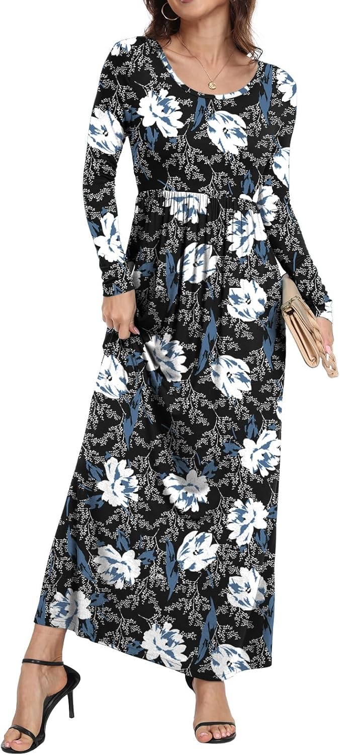 HAOMEILI Women's Long Sleeve Pocket Casual Loose T-Shirt Dress Round Floral Print Black Medium - Image 3