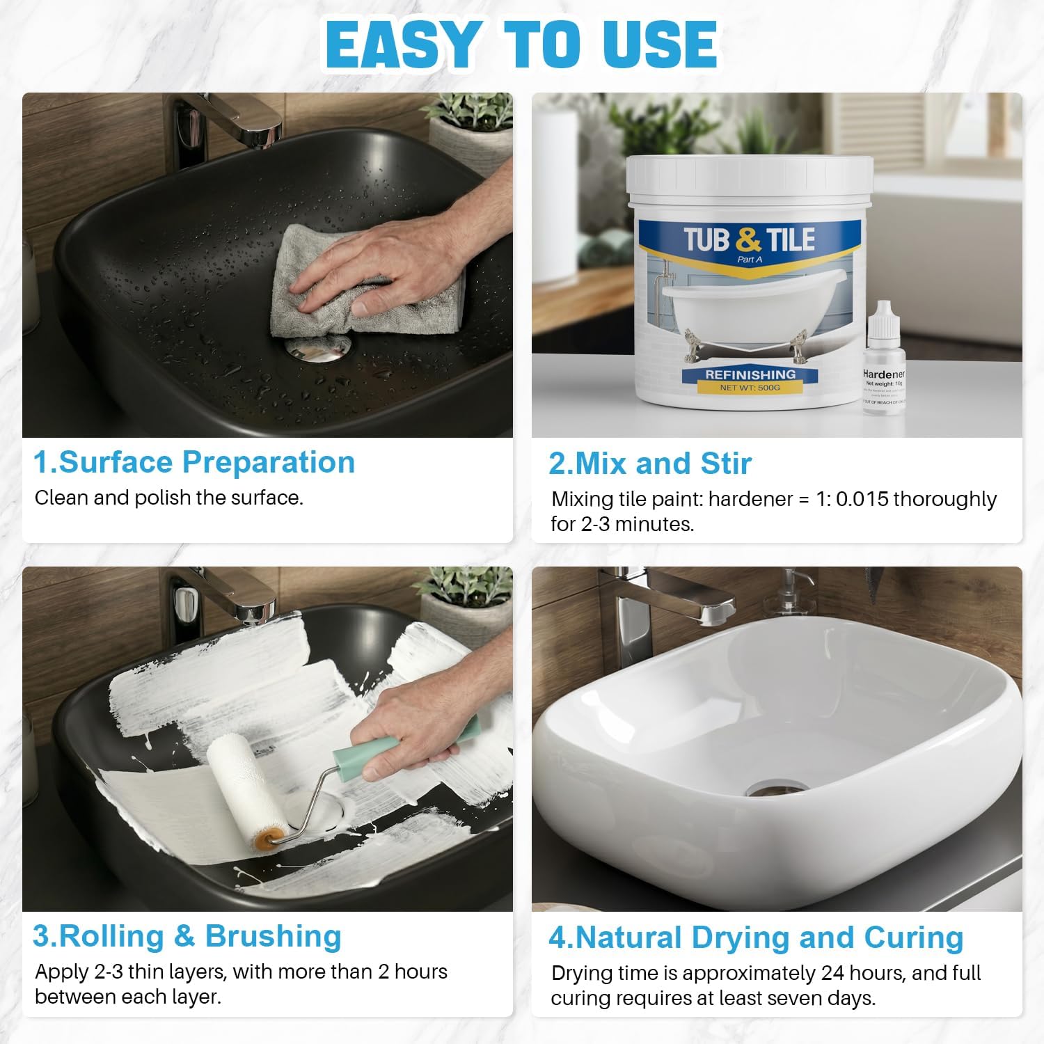 White Tub and Tile Paint, 17.6oz Quick-Dry Tub and Tile Refinishing Kit with Hardener, Low Odor Bathtub Paint for Bathroom, Kitchen, Tile and Bathtub, 25-30sq.ft
