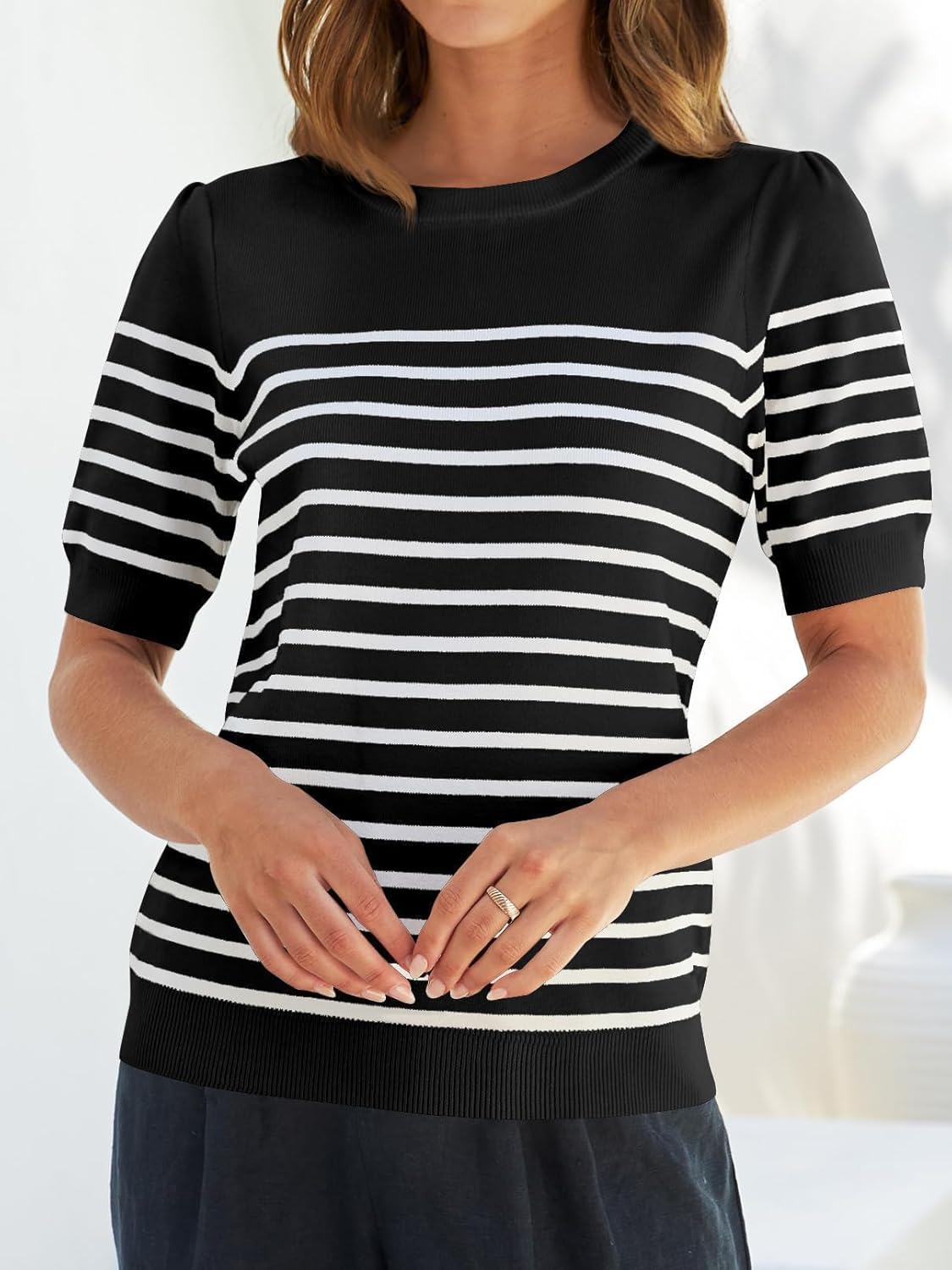 ZESICA Women's Casual Striped Tops Short Sleeve Crew Neck Ribbed Knit T Shirts Comfy Loose Basic Pullover Sweater - Image 3