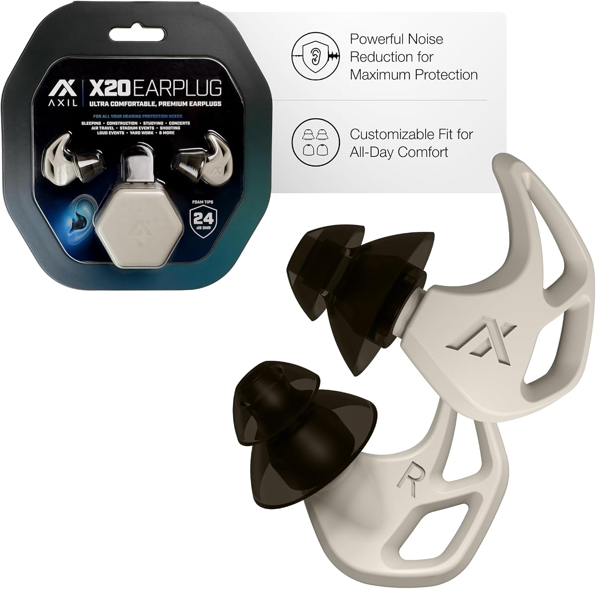 X20 Noise Reduction Ear Plugs, 24dB Hearing Protection, Bone | Customizable Fit Hearing Protection For Sleeping, Festivals, Live Events & Sports, Reusable Eartips With Case