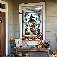 Vista 7 de Decoración de ventana de Halloween de 31 x 47 pulgadas, cubierta de ventana de Halloween espeluznante Bulldogs esqueleto, pancarta espeluznante