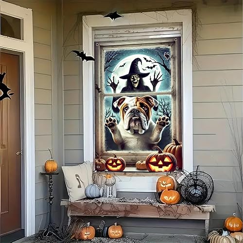 Miniatura 7 de Decoración de ventana de Halloween de 31 x 47 pulgadas, cubierta de ventana de Halloween espeluznante Bulldogs esqueleto, pancarta espeluznante de