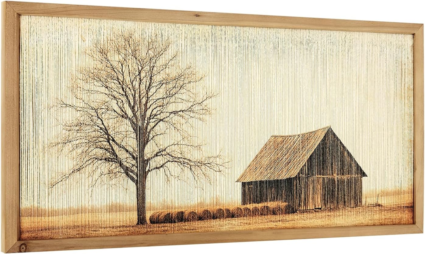 Rustic Farmhouse Macrame Wall Art with Solid Wood Frame, String Tassel Macrame Crafts, Farmhouse Style, 23.6 x 11.8 In for Living Room Bedroom (Barn B)