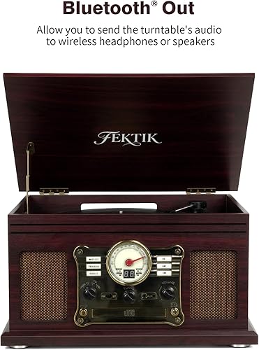 Miniatura 3 de Tocadiscos Bluetooth 10 en 1, tocadiscos de 3 velocidades con altavoces, entrada y salida Bluetooth, CD, casete, radio FM, transmisión inalámbrica