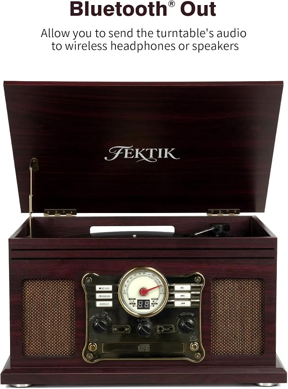 FEKTIK Bluetooth Record Player 10 in 1, 3-Speed Belt-Drive Turntable with Speakers, Bluetooth Input & Output, CD, Cassette, FM Radio, Wireless Streaming