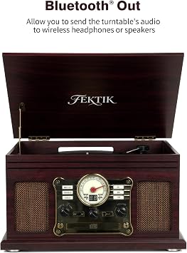 FEKTIK Bluetooth Record Player 10 in 1, 3-Speed Belt-Drive Turntable with Speakers, Bluetooth Input & Output, CD, Cassette, FM Radio, Wireless Streaming
