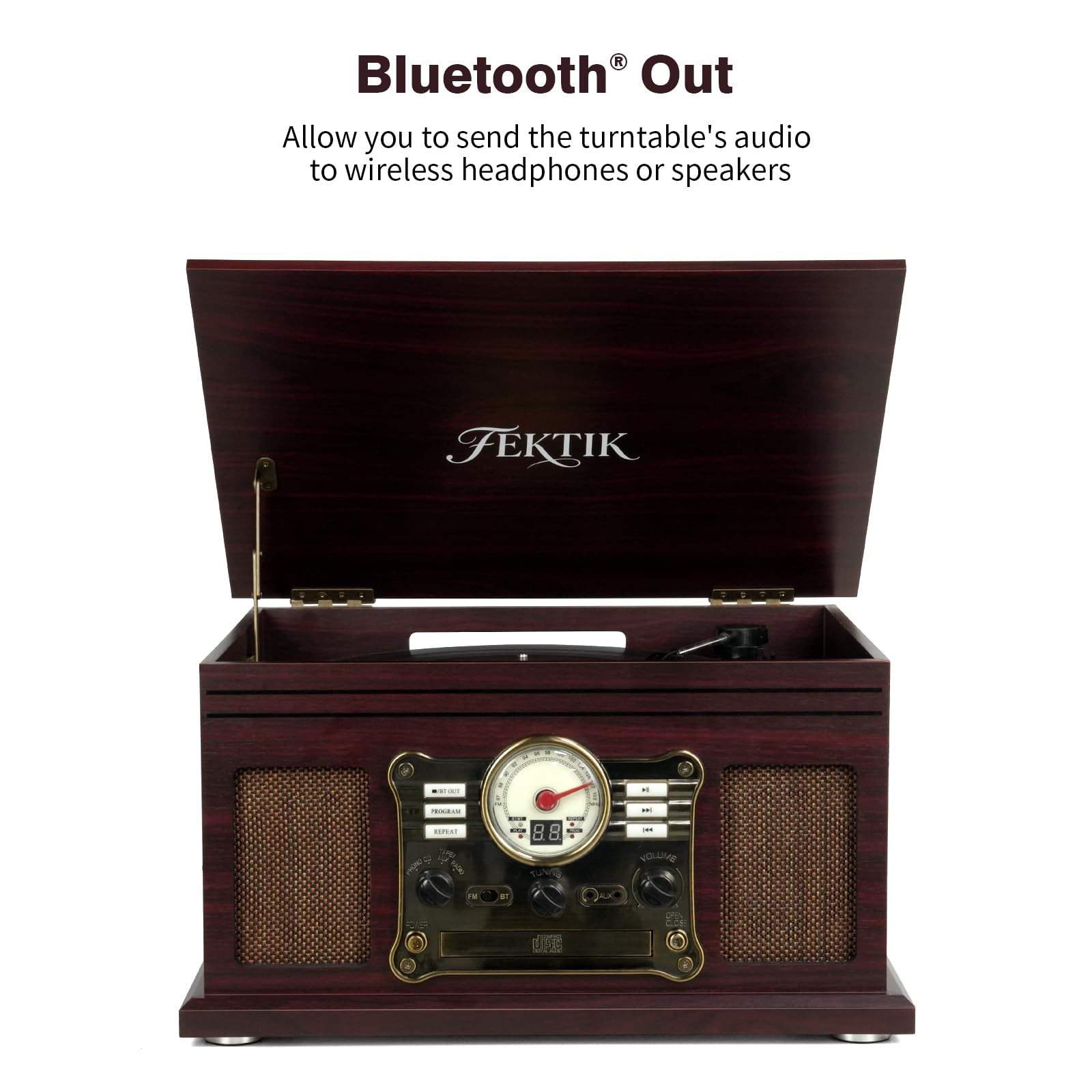 FEKTIK Lettore di dischi Bluetooth 10 in 1, Giradischi a 3 velocità con trasmissione a cinghia e altoparlanti, Ingresso e uscita Bluetooth, CD, Cassetta, Radio FM, Streaming wireless