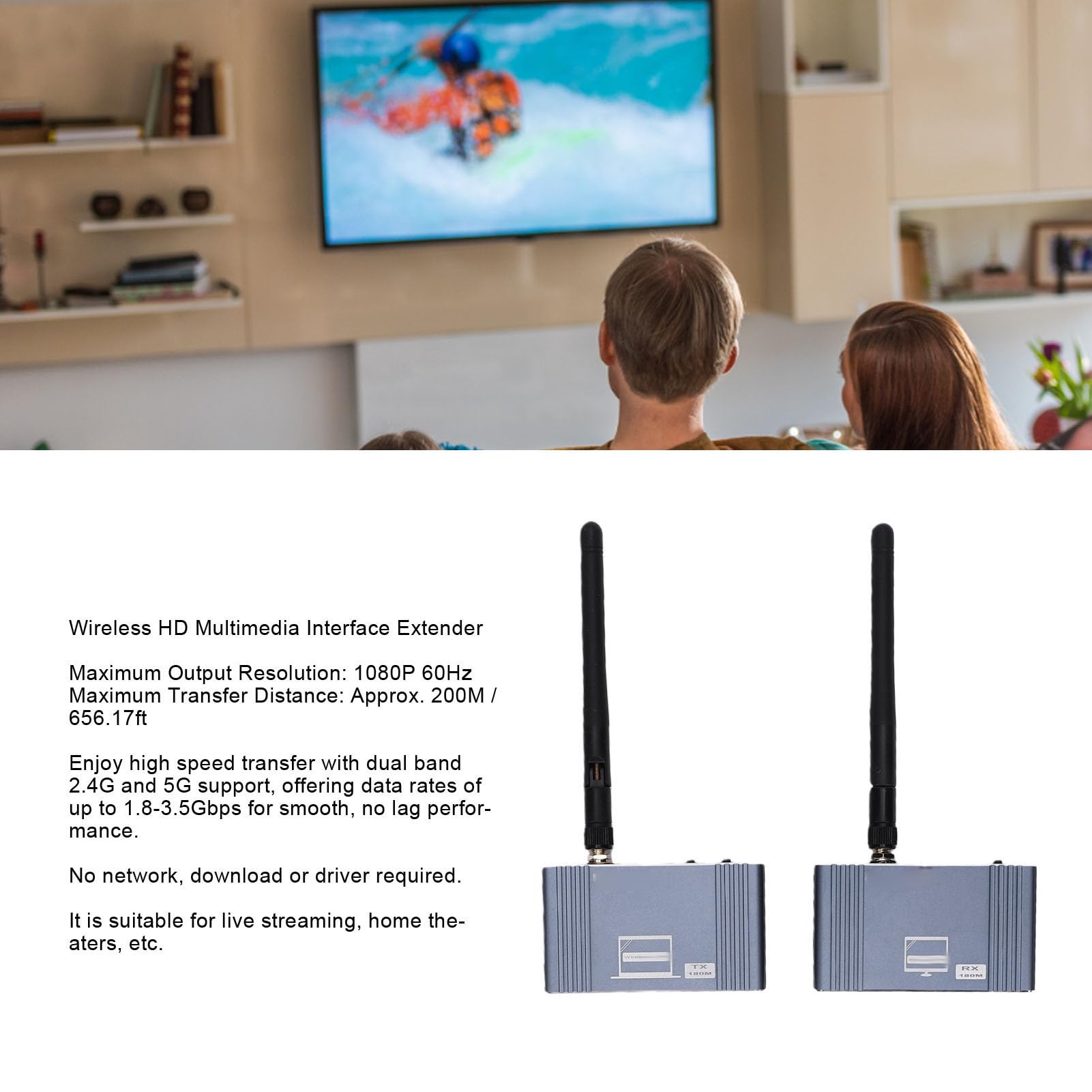 CCYLEZ Extender Wireless 1080P, Kit Ricevitore Trasmettitore a Lungo Raggio 200M con 2.4G 5G Dual Band 1080P 60Hz per Streaming di Giochi per PC Home Theater