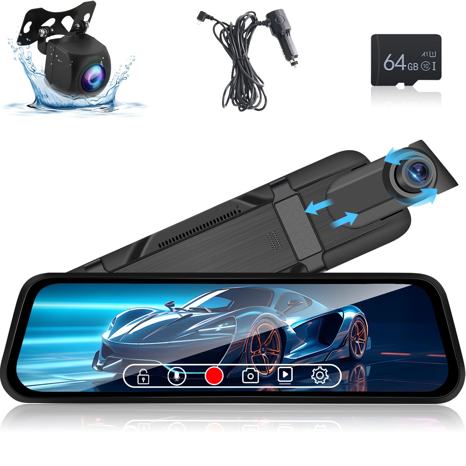 2.5K Mirror Dash CAM con 1080P Backup Camera - 9.66 Inch Touchscreen Dashcam Soporte Parking Monitoring Loop Recording G-Senors 150°Wide Angle + 64GB SD Card