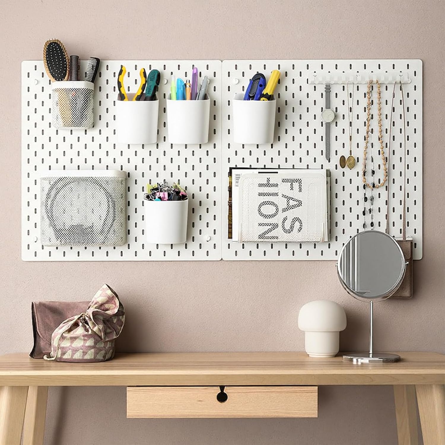 5 Pcs Pegboard Cups with Hooks, White Peg Board Organizer Bins, 3.35x2.76x3.1 Inch Storage Containers for Garage Workshop Office