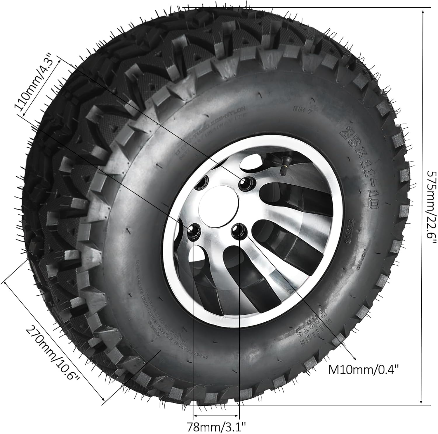 23x11-10 All-Terrain Golf Cart Tire & 10" Aluminum Rim Wheel – 4 Ply Tubeless, 4-Bolt Pattern, for ATV, UTV, Go Kart, Lawn Mower, 4-Wheeler Utility Vehicles (Set of 4)