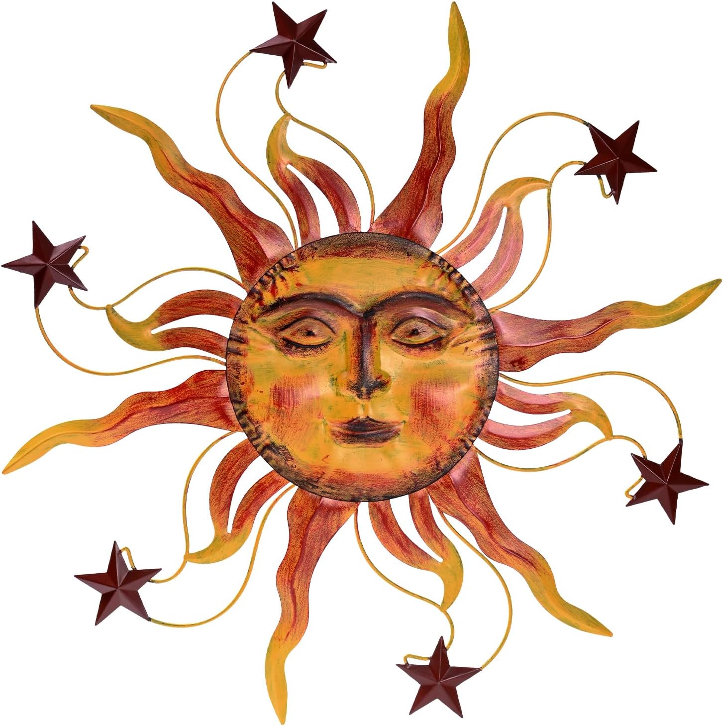 Metal Wall Art Decor Outdoor 30 inch Sun Wall Hanging Decoration for Graden 3D Sun Face Metal Wall for Living Room Garden Yard Patio(Star)