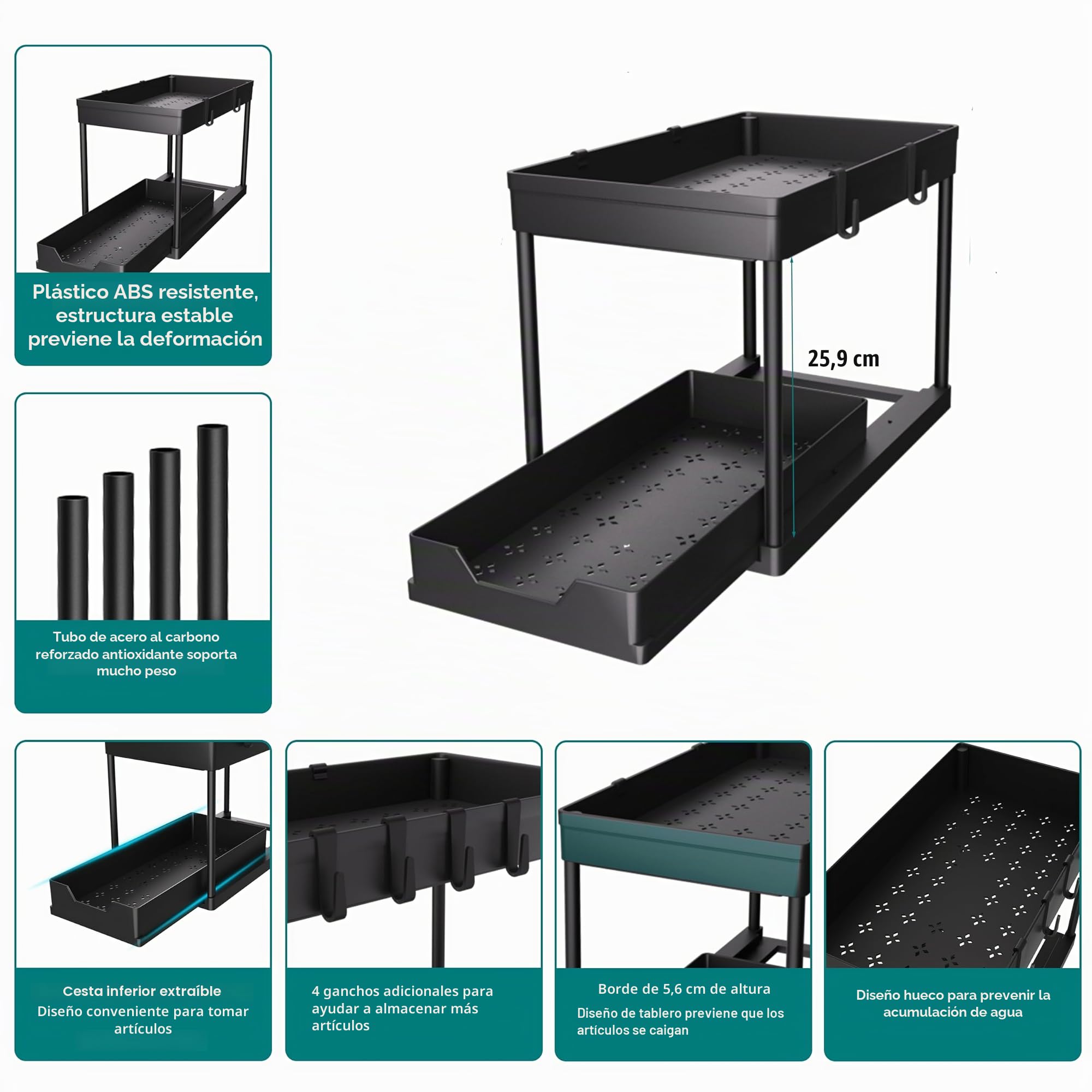 DEKAVA Organizador Bajo Fregadero Deslizable 2 Niveles, Estante del organizador de la cocina de gran capacidad, almacenamiento deslizante bajo la cocina, baño, fregadero doméstico, negro