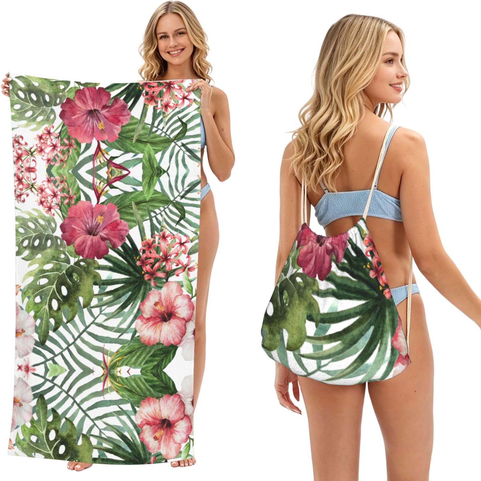 ESNAIUVCD Tropical Leaves Print Beach Towel For Adults,Towel With Drawstring Bag, Travel Pool Swimming Sports Shower Sand Free Quick