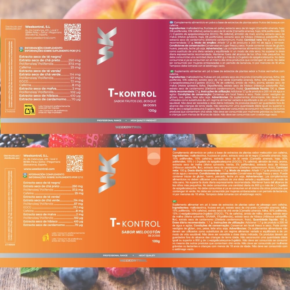 Termogénico Quemagrasa Potente 60 Raciones 102 Gr. Té T-Kontrol en Polvo formulado con Té Negro y Verde. Infusión quemagrasas Vegana Natural en 5 Sabores (Melocotón - Frutos del Bosque)