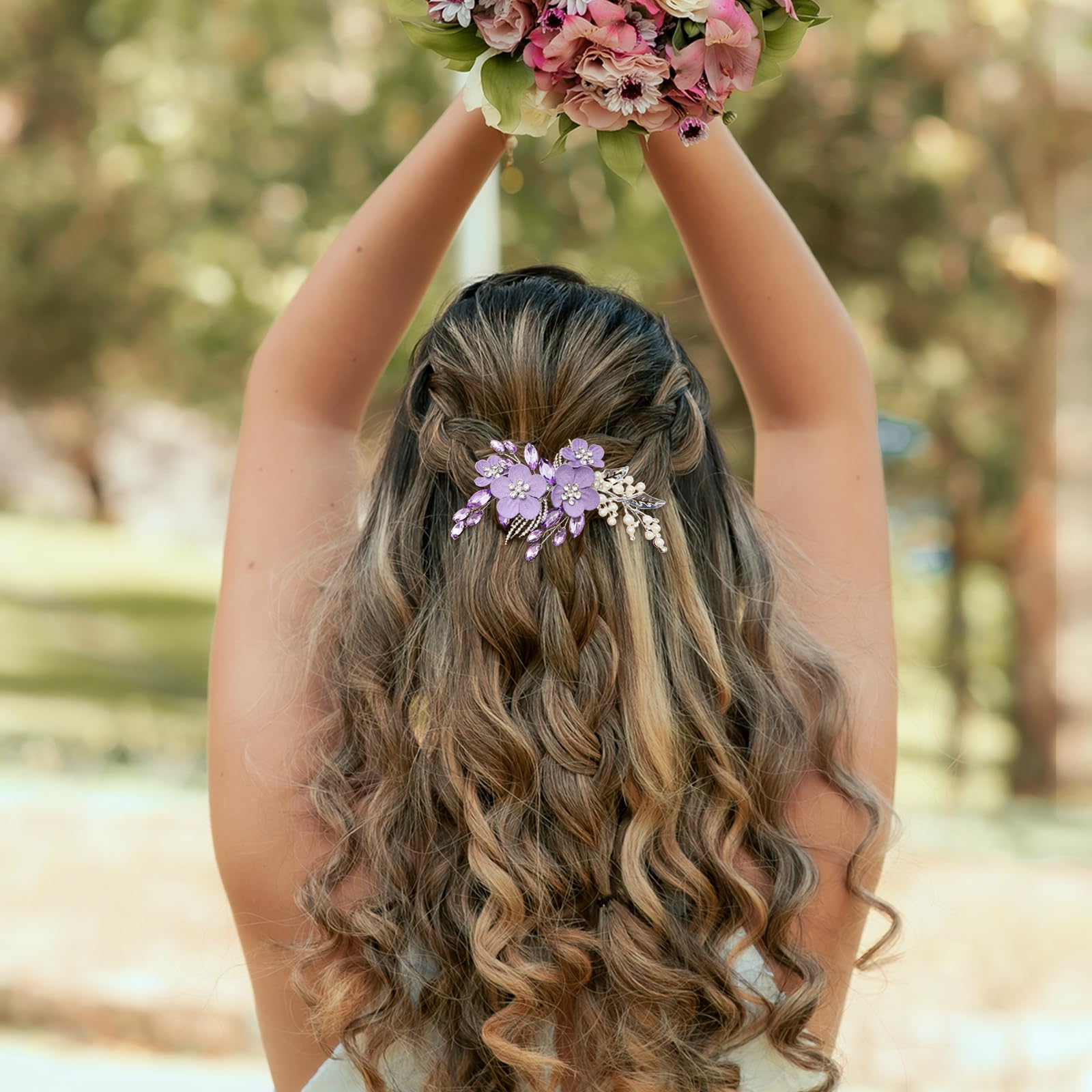 Flower Bridal Hair Clip Gold Purple Pearl Wedding Party Hair Accessories Women G Purple Floral Bridal Hair Jewelry, Crystal Wedding Hair Comb  main image 3