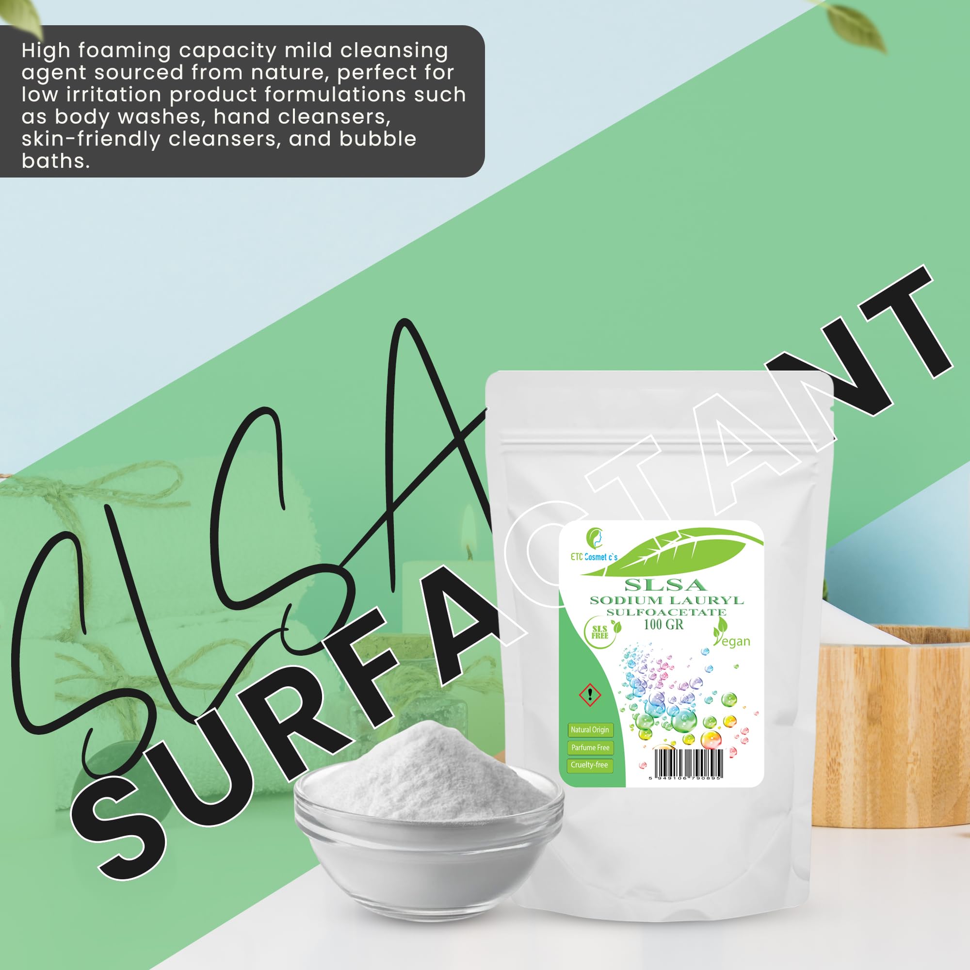 Surfactante SLSA, 100gr | Lauril sulfoacetato de sodio | Jabón espumoso Bombas de baño Barras de burbujas | Surfactante de origen natural y sin perfume