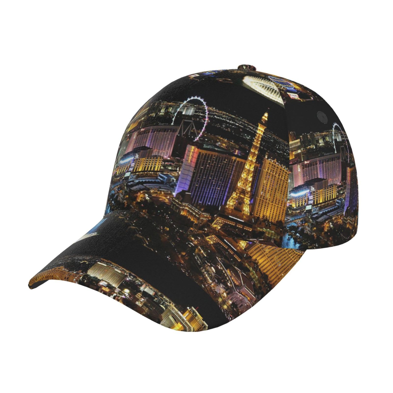 HYSDPUZK Las Vegas Night View Print Tylish Curved-Brim Baseball Cap - Full Print Polyester Hat for All Seasons and Genders