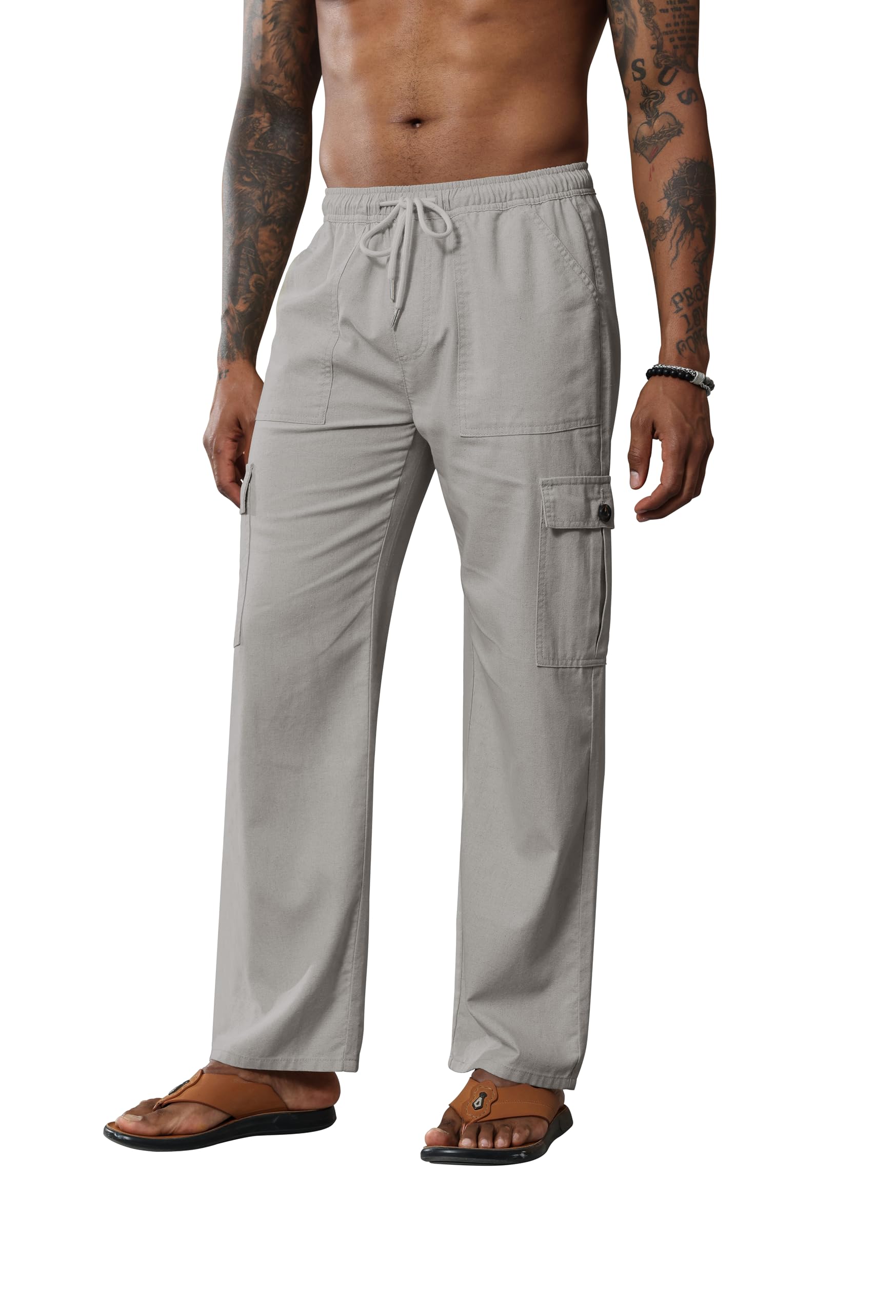 Breampot Herren Leinenhose Lang Leicht Sommerhose Baumwolle Cargo Loose Freizeithose mit Kordelzug