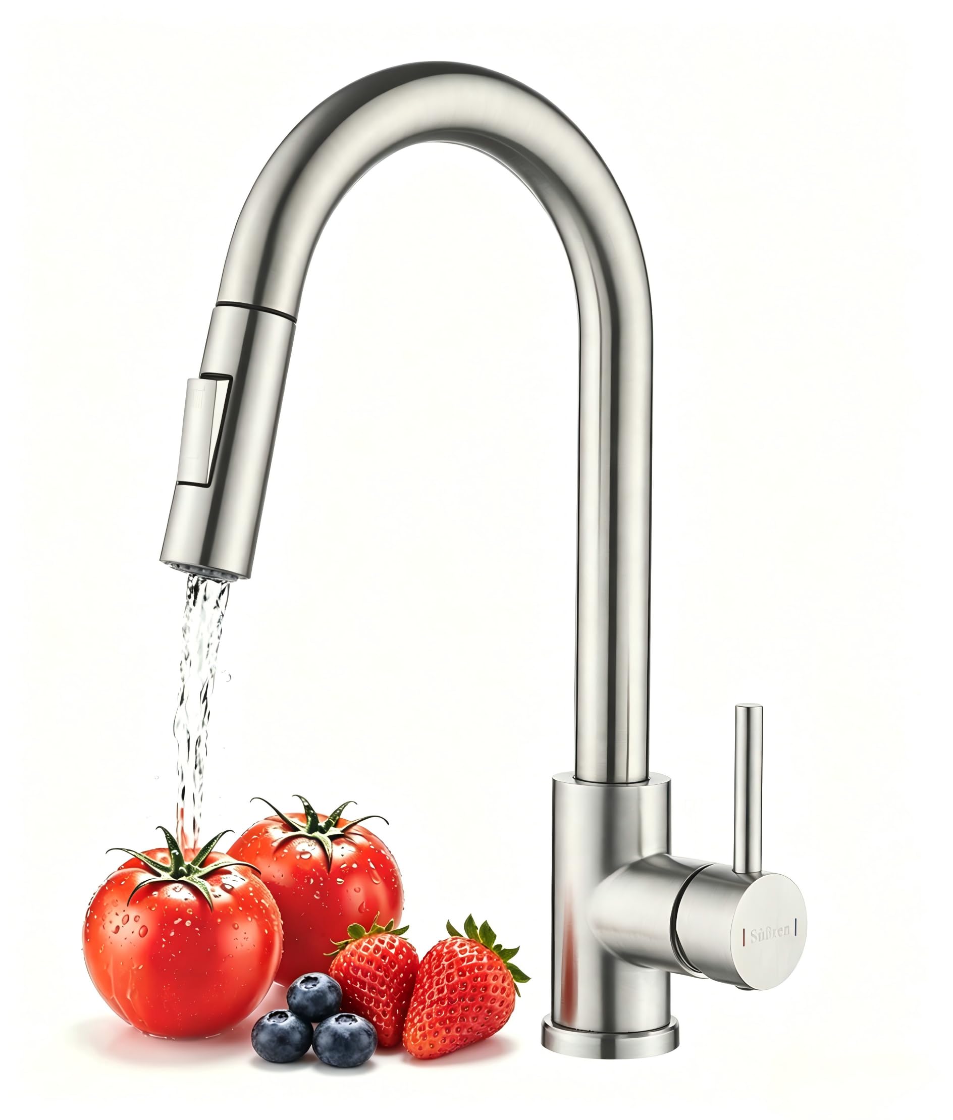 Süßren Kitchen Tap,Kitchen Mixer Tap with Pull Out Sprayer,2 Modes Spray,360° Swivel Single Handle High-Arc Design,Stainless Steel Sink Faucet (Brushed)
