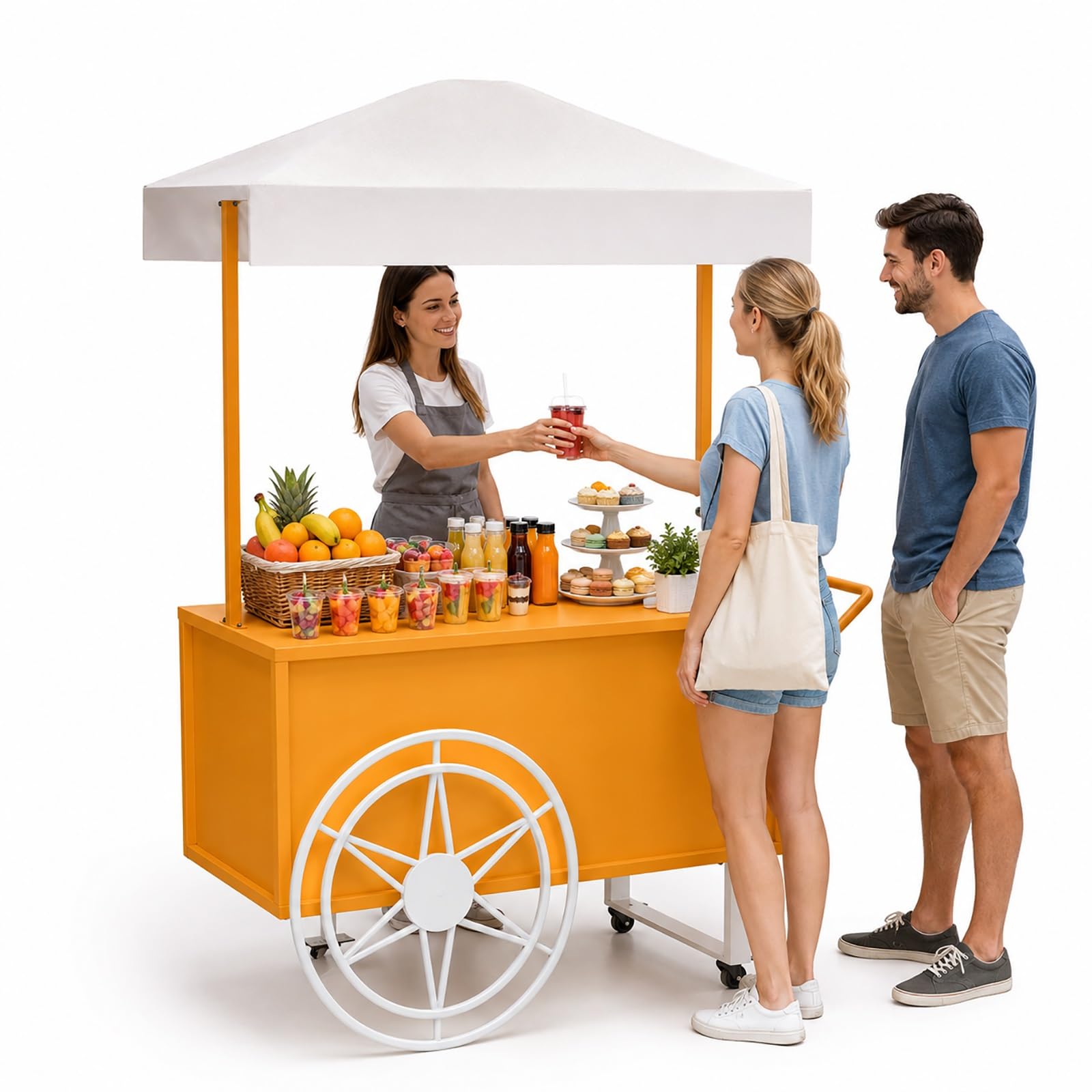 Carrito de Venta con Toldo, Puesto Ambulante con Ruedas, Stand Expositor para Mercadillos y Eventos Promocionales, Puesto para Mercado Agrícola(Orange,120x50x190cm/47x20x75in)
