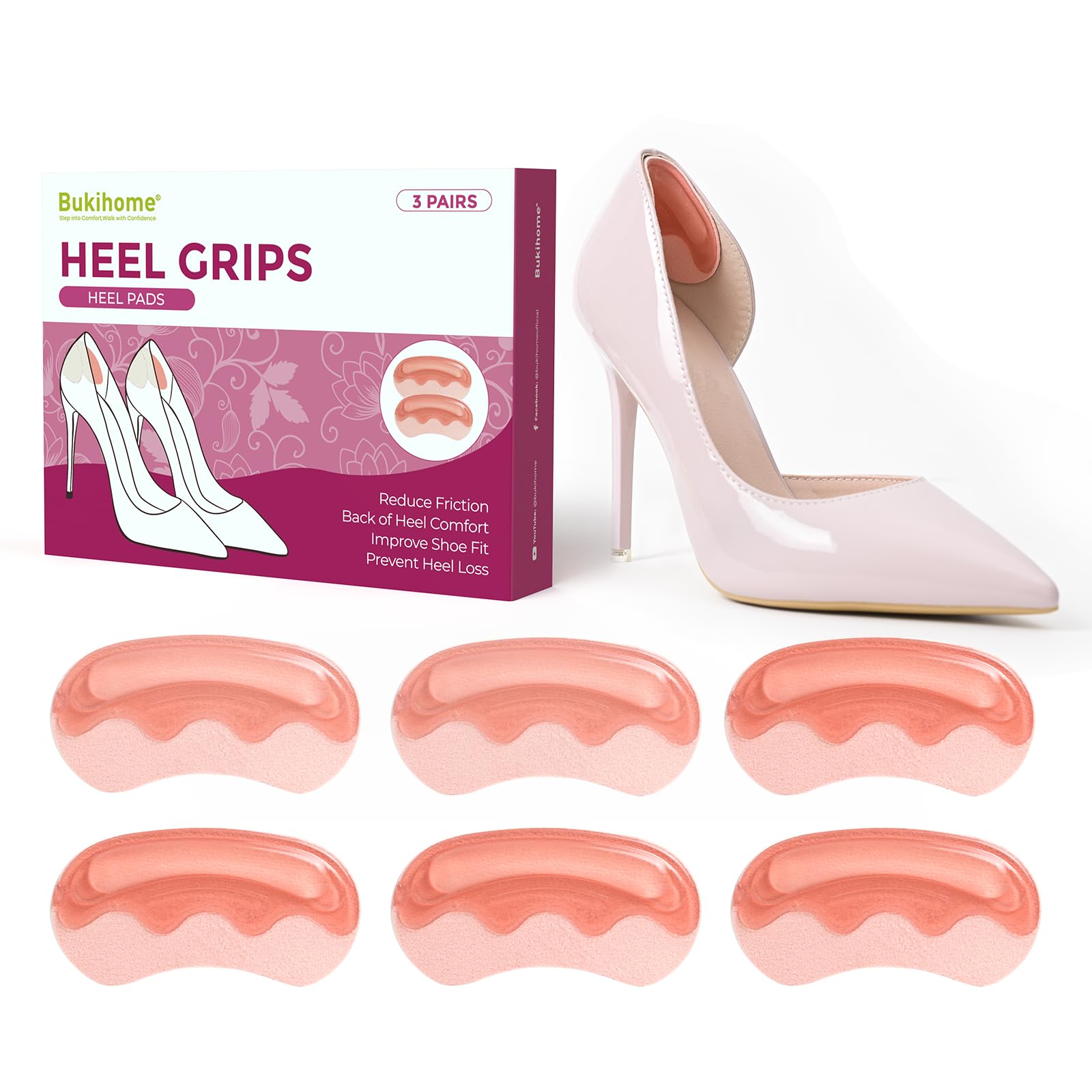 Heel Pads Grips for Women Shoes - Bukihome Self-Adhesive Heel Cushion Inserts Prevent Slipping, Rubbing, Blisters, Foot Pain, Improve Shoe Fit - Gel Heel Pads for Shoes Too Big (Pink,3 Pairs)