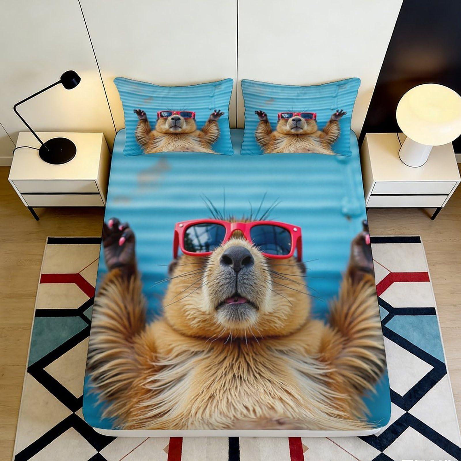 3D Printed Cool Bear Pattern Fitted Sheet Microfiber Soft Breathable Sunglasses Animal Mattress Cover for Bedroom Dormitory Guest Room Decor 160x200x25cm
