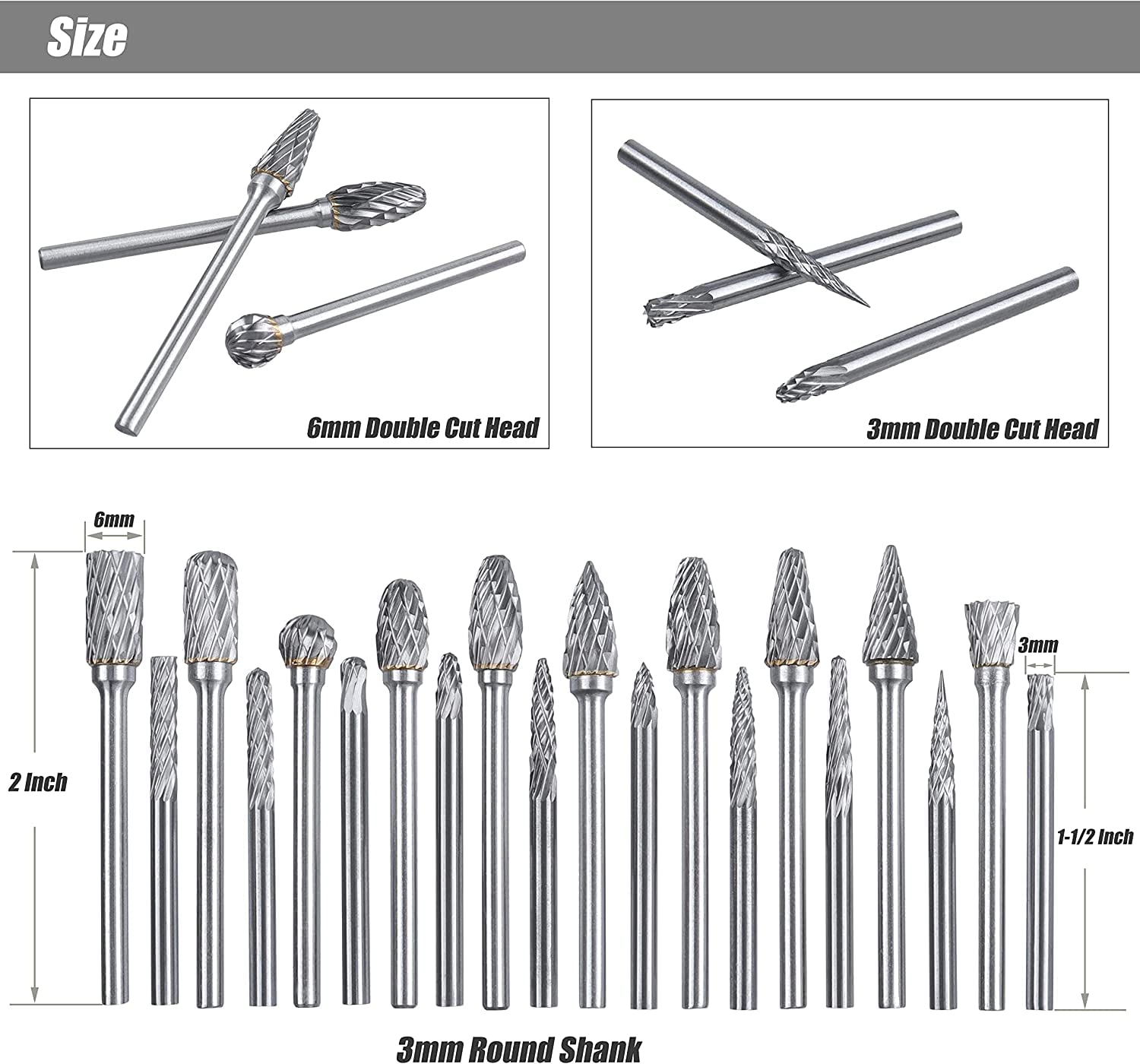 Yakamoz 20-Piece Double Cut Carbide Burr Set – 1/8" Shank, Tungsten Steel, For Die Grinders, Woodworking & Metal Carving