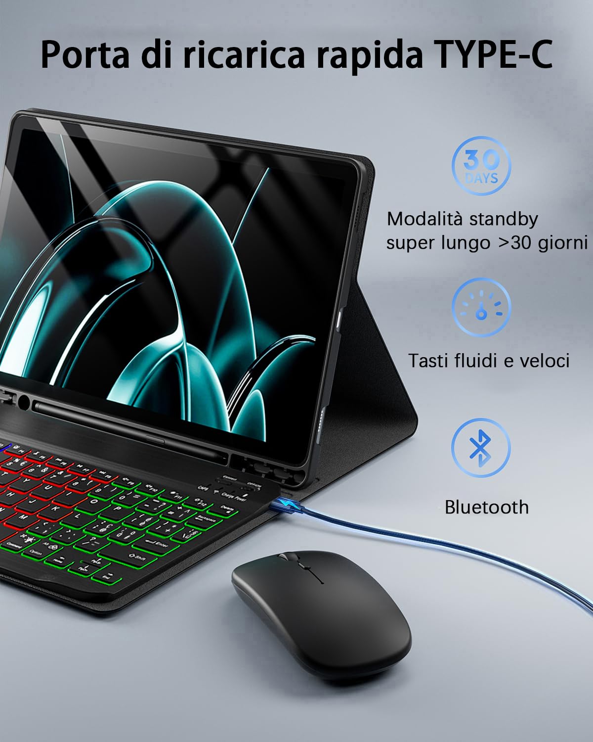 Per Samsung Galaxy Tab A11+ PLUS (2025)/Galaxy Tab A9+ PLUS (2023) 11 Pollici Cover Custodia Protettivar Con Wireless Bluetooth Italiano (QWERTY) Tastiera Retroilluminati e Mouse Backlit Keyboard Case