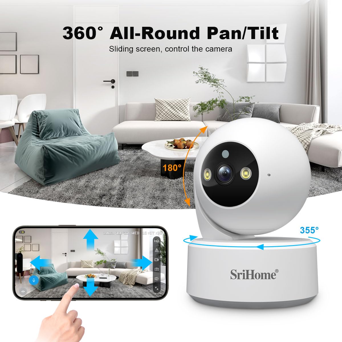 OBA SH064 Telecamera Sorveglianza WiFi 8MP 4K: Audio 2 Vie, Rilevamento Umano/Pianto, Zoom ditital 3x, PTZ 360 gradi Visione Notte, Dual Band, Hotspot AP, H.265