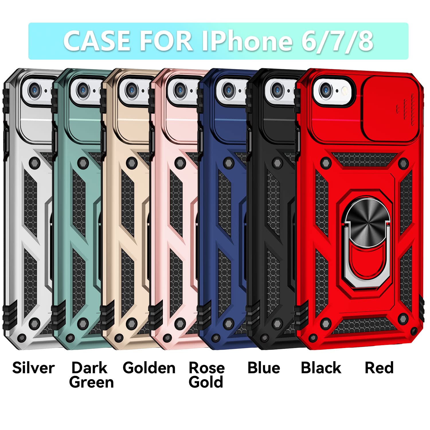 Funda para iPhone SE 2020/iPhone SE 3 2022/iPhone 8/7/iPhone 6/6S Carcasă Armor Militar Cubierta de Cámara Deslizante Proteger 360 Full Protección Anillo Soporte Silicona Estuche Cover Case,Negro — view 2