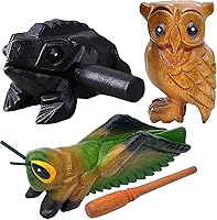 GOGHOST 3-Pc Handmade Wooden Guiro Animal Set: 4" Frog, Cricket & 3.5" Owl Whistle - Authentic Percussion Instruments