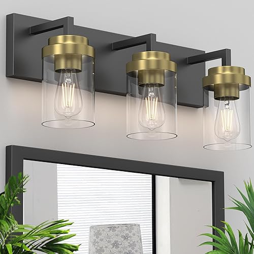 Miniatura 9 de Espird Lámpara de tocador de baño, 3 luces negras mate con pantalla de vidrio transparente, apliques de pared modernos de 22 pulgadas, accesorios de