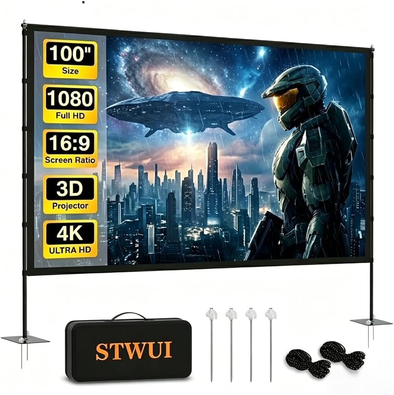 Projector Screen with Stand - 100 Inch Outdoor Projector Screen Portable Projector Screens 16:9 4K HD Outdoor Movie Screen with Carry Bag Can Enjoy Home Theater Projection Screen