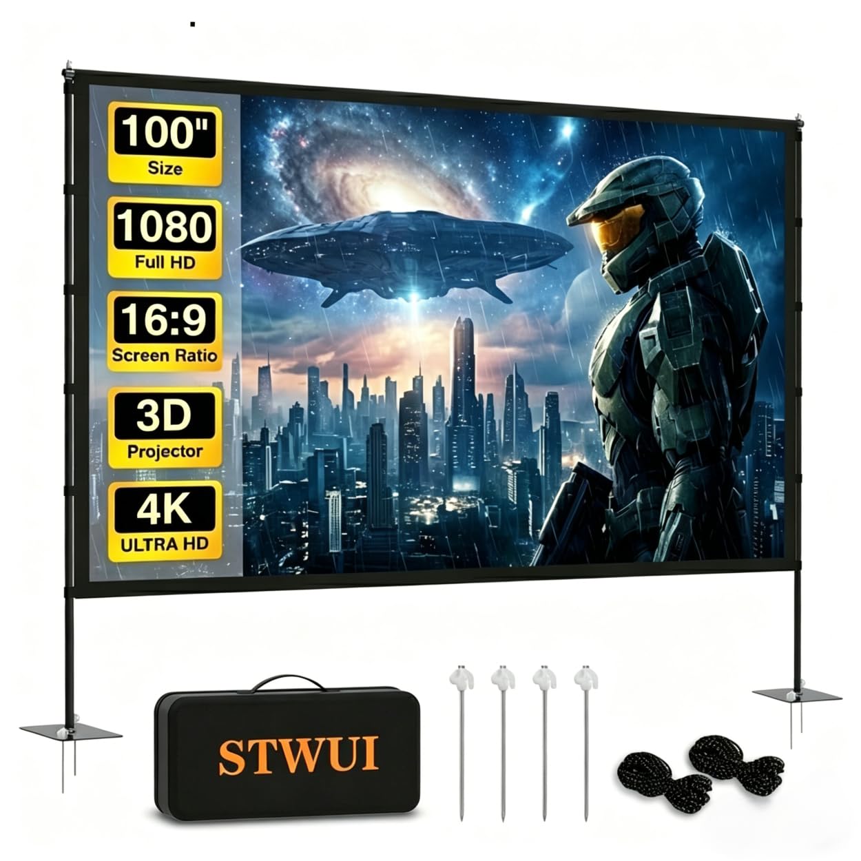 STWUI Outdoor-Projector-Screen-with-Stand - 120 inch Portable Projection Screen Indoor Outdoor Projector Screens 16:9 4K HD Lightweight Movie Screen with Carry Bag for Backyard Movie Night 1pcs — view 11