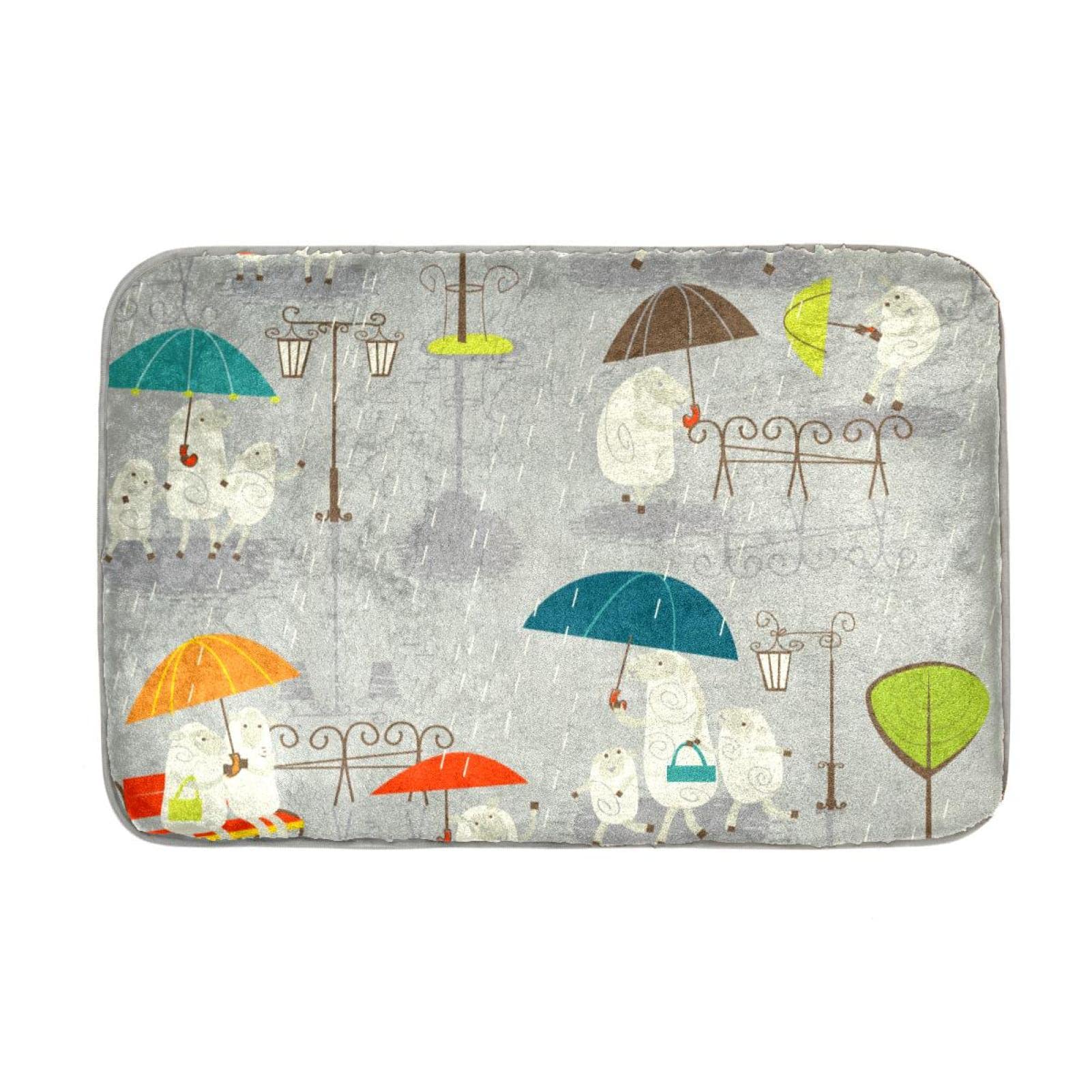 Lyetny Retro Rainy Sheep Umbrella Pattern Water Absorbent Bath Mat Bathroom Rug 23.6 x 15.7 Inch Plush Microfiber Bath Mat Non Slip for Floor Indoor