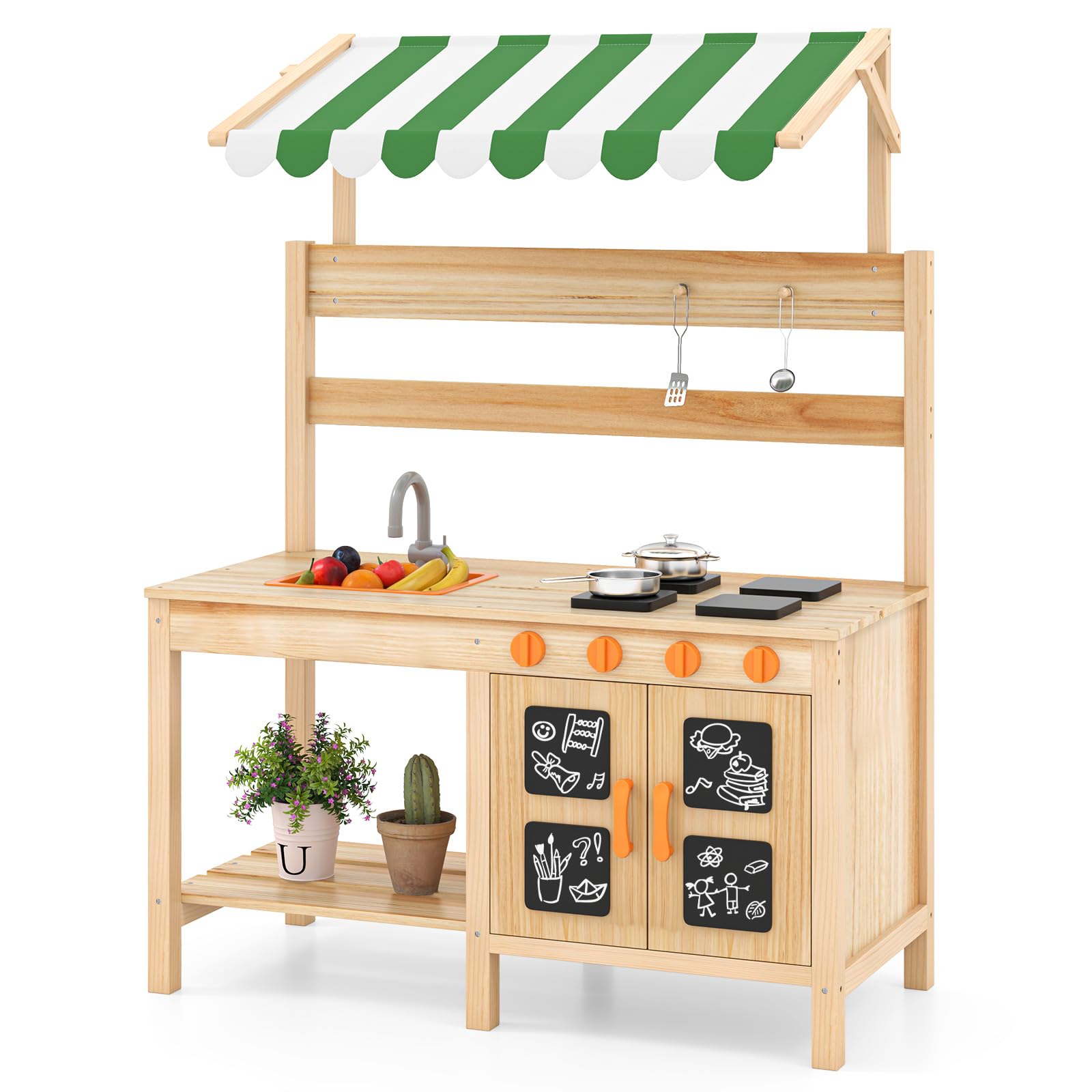 DREAMADE Matschküche Kinder Outdoor, Outdoorküche mit 4 Herd & Waschbecken & Tafel, Gartenküche, Outdoor Küche Kinderküche aus Tannenholz mit Zubehör für Kinder ab 3 Jahren