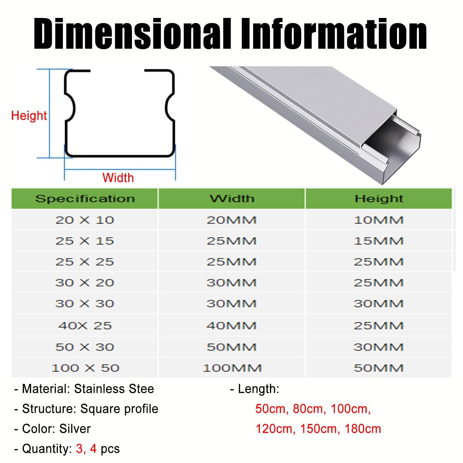 Mini canaletas para Cables eléctricos, Tamaños múltiples de la Plata de la canalización del Cable del Cuadrado del Acero Inoxidable 3 o 4 PC(4 PCS,W 25 MM H 25 MM L 150 CM)