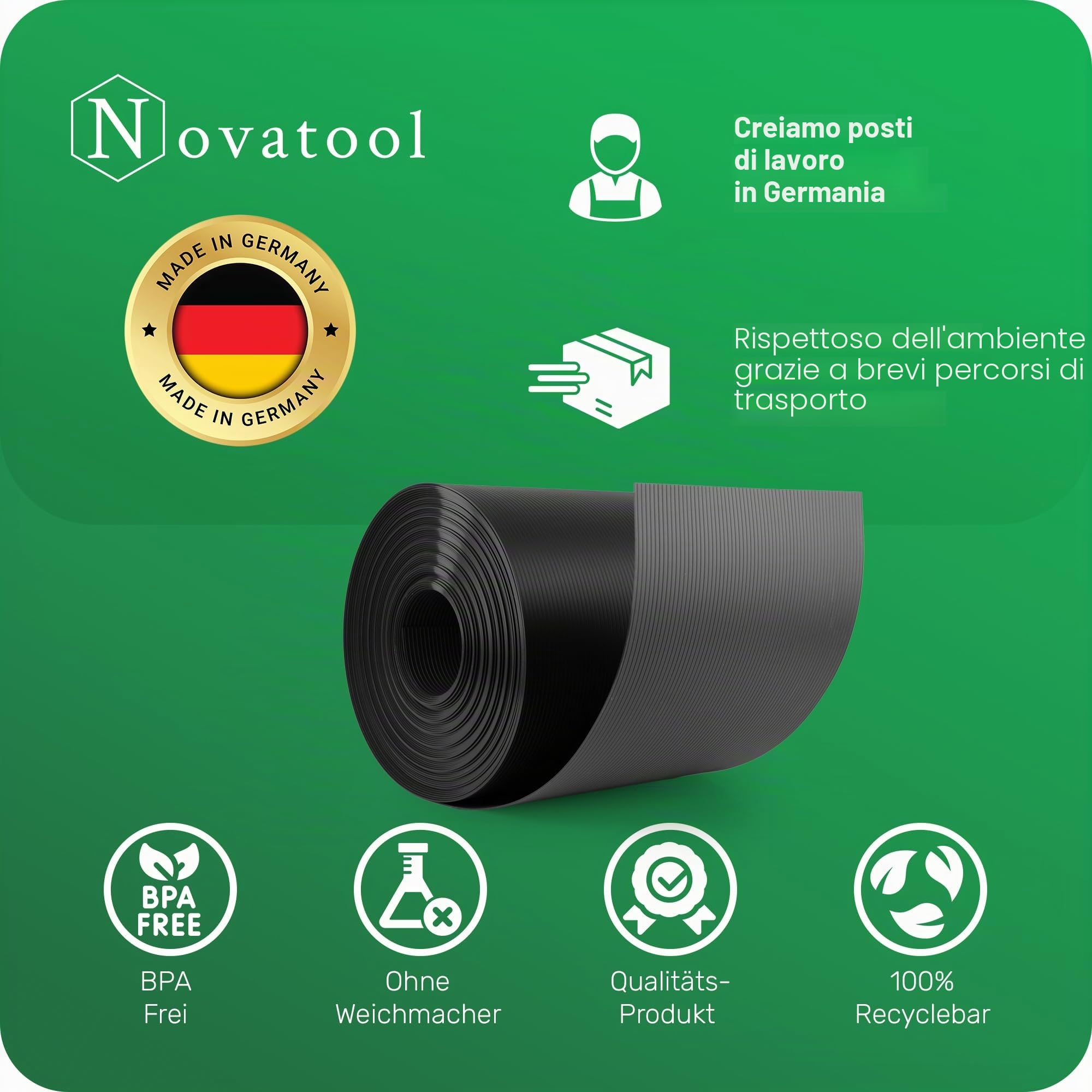 Novatool, rotolo da 25m, striscia di protezione in PP Premium ANTRACITE RAL 7016, 19 cm per 10 file di recinzione a doppia asta, striscia di protezione GRIGIA con scanalature, elementi di recinzione