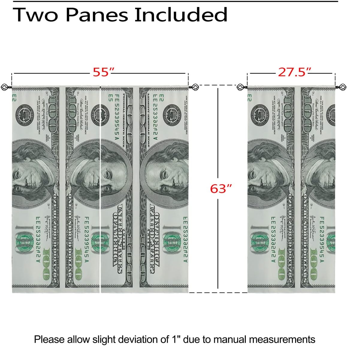 Money Blackout Curtains for Girls Boy Home Decor, Franklin Monetary Dollar 100 Dollar Bills Grommet Thermal Insulated Drapes Darkening Window Curtain for Bedroom Living Room, 55 x 63 Inch